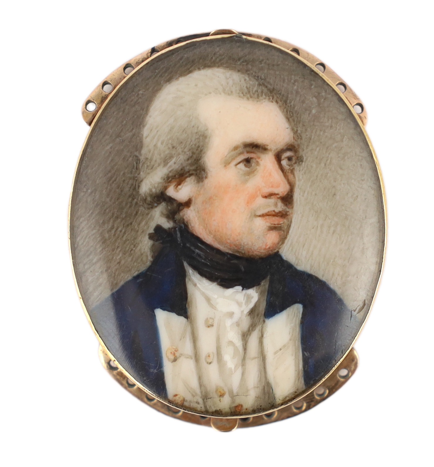 Jeremiah Meyer, R.A. (Anglo-German, 1735-1789), Portrait miniature of a naval officer, watercolour on ivory, 3.5 x 2.8cm. CITES Submission reference 896MN57T